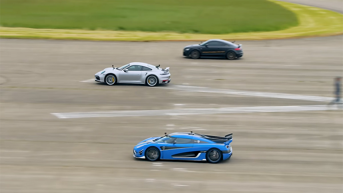 (VIDEO) Un Koenigsegg Agera S, un Porsche 911 Turbo S şi un Audi TT RS cu tuning îşi măsoară puterile, dar maşina modificată se strică