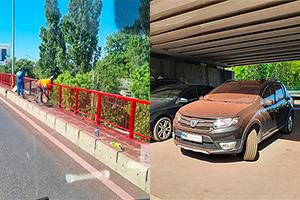 În Otopeni, România, s-a vopsit balustrada unui pod, cu tot cu asfalt şi cu maşinile parcate sub pod
