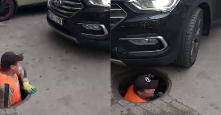 (VIDEO) Un muncitor a fost la un pas de a fi strivit chiar în gura de canalizare de o şoferiţă, în Chişinău