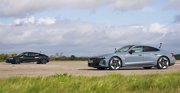 (VIDEO) Duel simbolic Audi: un R8 cu motor V10 aspirat natural, alături de electromobilul RS e-tron GT