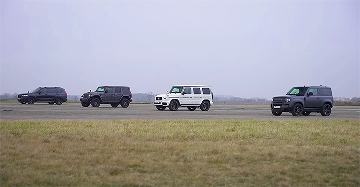 (VIDEO) Întrecere în liga V8-urilor, între Land Rover Defender, BMW X7, Mercedes-AMG G63 şi Jeep Wrangler