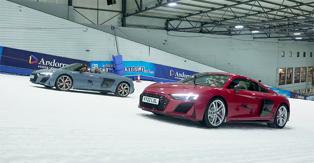 (VIDEO) Două Audi R8, unul cu tracţiune integrală şi altul spate, se duelează la urcări pe zăpadă, pe o pârtie de schi