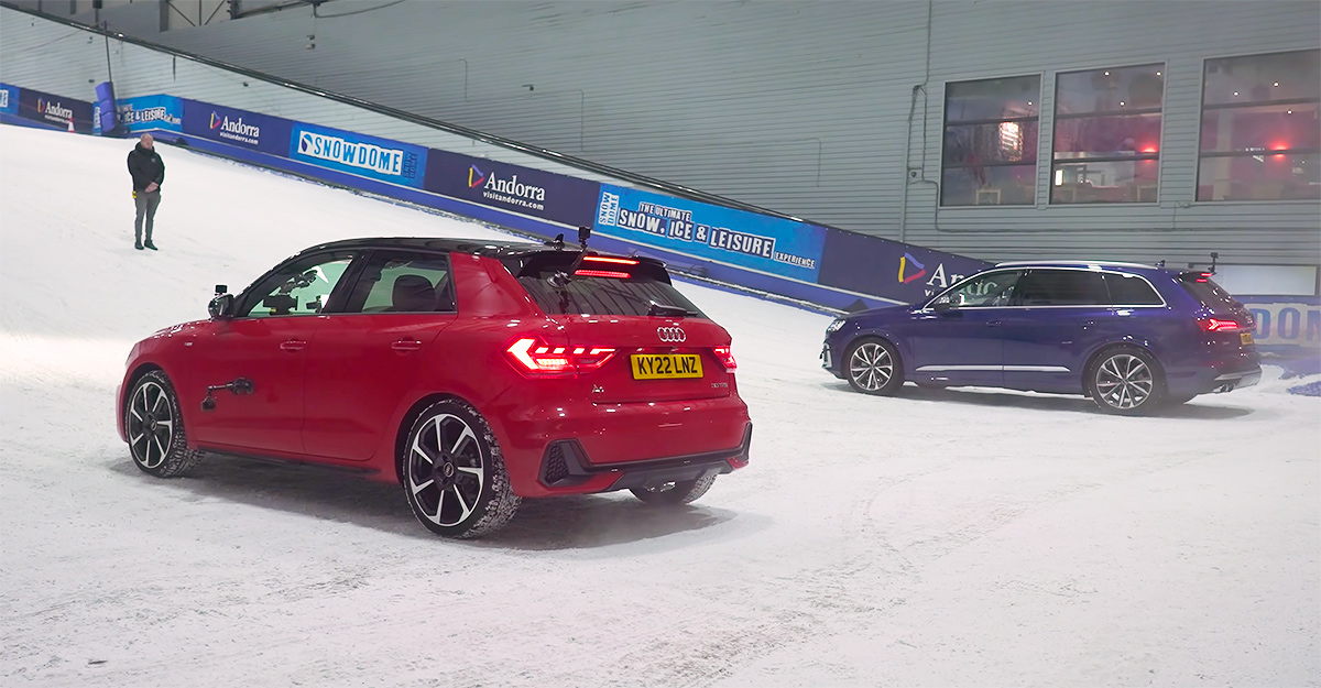 (VIDEO) Duel pe zăpadă între un Audi cu tracţiune faţă, dar cu anvelope de iarnă, şi unul quattro, dar cu anvelope de vară