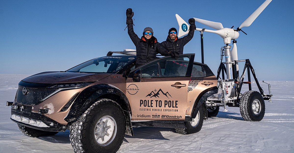 Expediţia cu un Nissan Ariya electric de la Polul Nord la Polul Sud a luat start, a fost arătată şi turbina eoliană pentru încărcarea maşinii