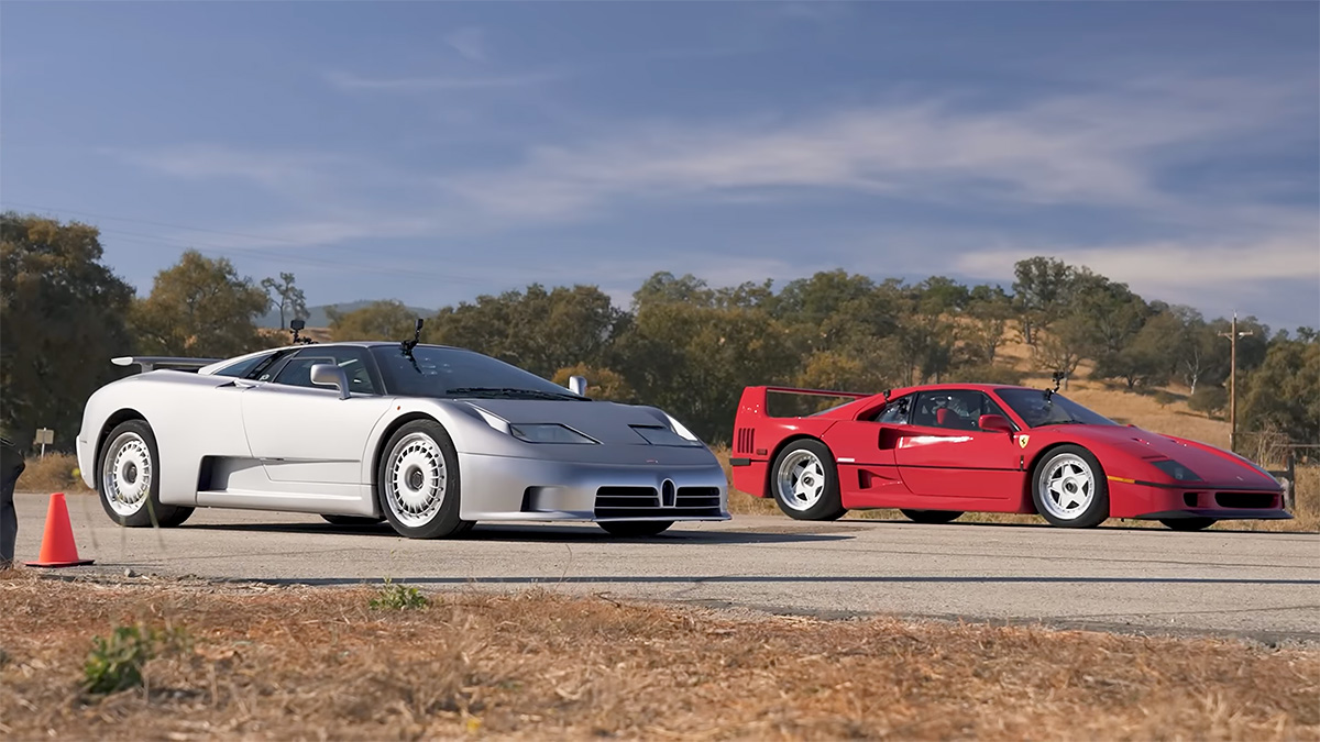 (VIDEO) Două maşini legendare, Bugatti EB110 şi Ferrari F40, se întrec între ele în zilele noastre