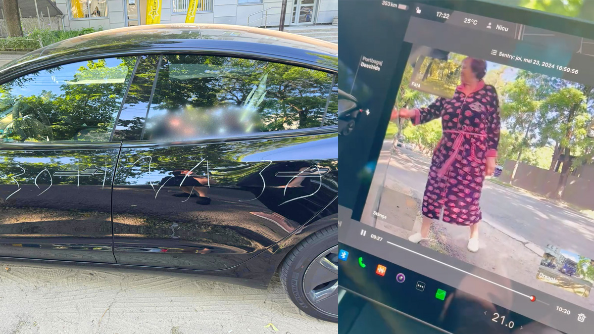 (VIDEO) Sistemul Sentry al unei Tesla din Chişinău a înregistrat momentul în care o pensionară scrie cu creta pe caroseria maşinii, parcată neregulamentar